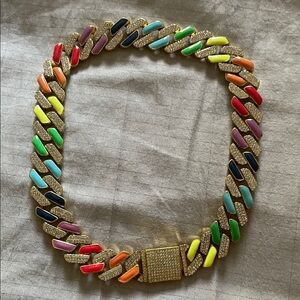 Multicolor Pave Cuban Link Necklace - Women's Fashion Jewelry